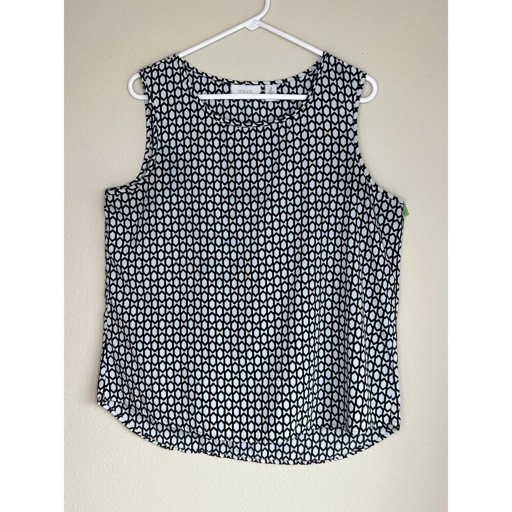 Chicos SZ 2 Large Black White Honeycomb Print Sleeveless Tank Top Blouse